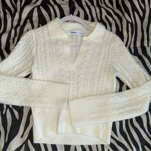 Bershka Cream V-Neck Cable Knit Sweater